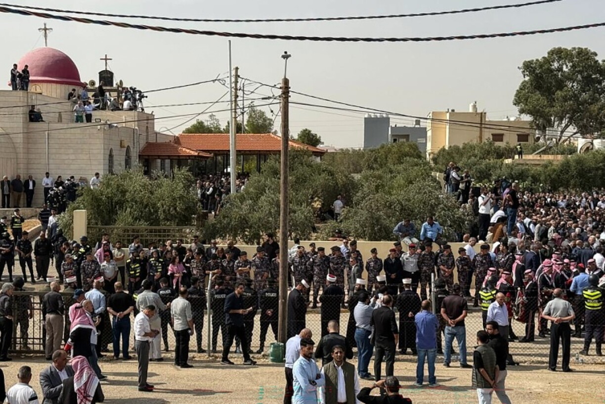 Mourners attend the funeral of those who were killed in the attack that took place two days earlier at the Greek Orthodox Church in the village of Hammoud in Jordan's Karak governorate on October 25, 2026
