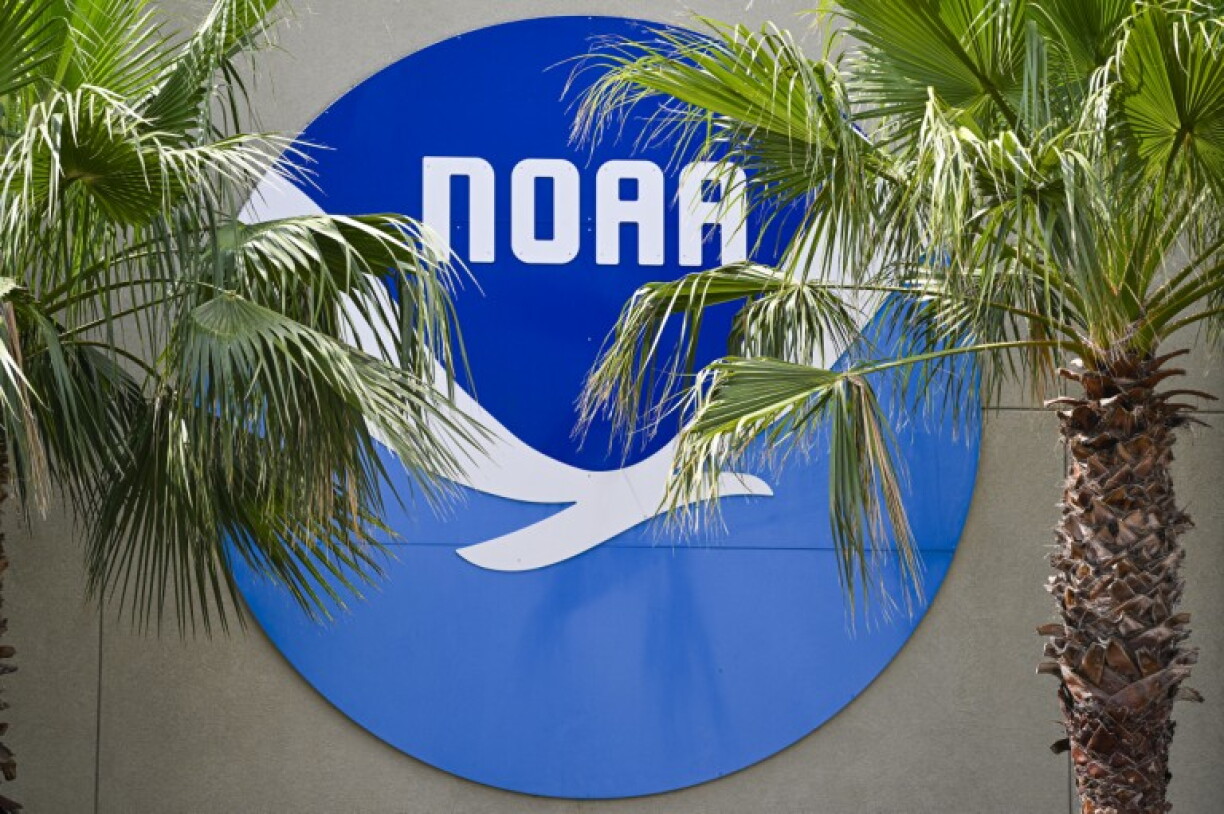 A National Oceanic and Atmospheric Administration's (NOAA) logo is seen at the Aircraft Operations Center in Lakeland, Florida, on May 6, 2025