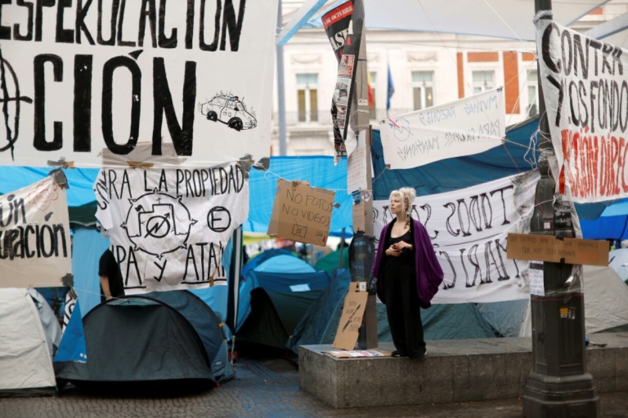 Demonstrators have set up around 100 tents in Madrid's busy Puerta del Sol square