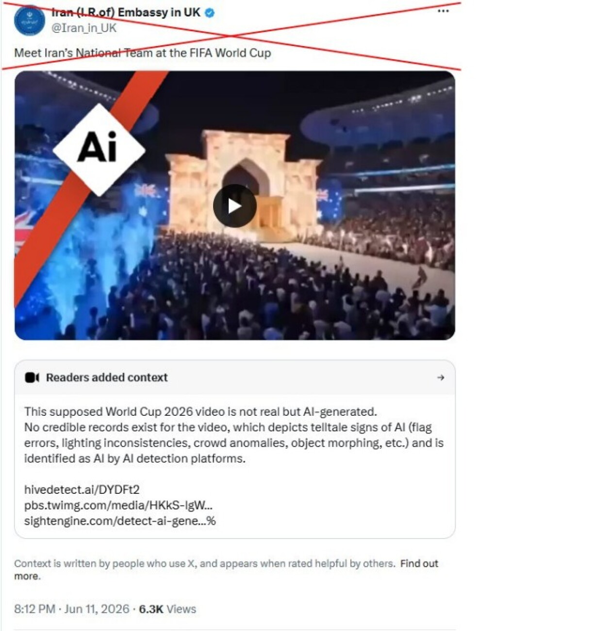 Screenshot of the false X post taken on June 15, 2026, with a red X and an AI symbol added by AFP
