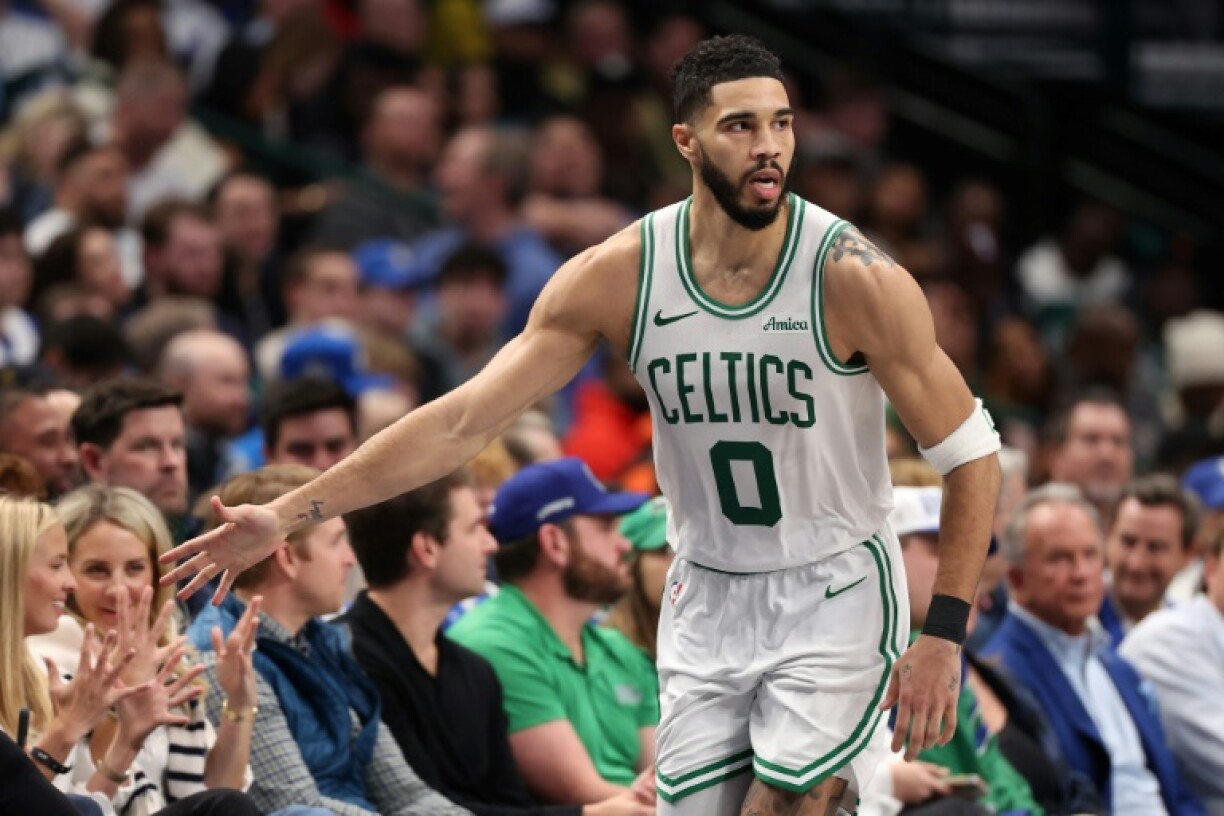 Boston star Jayson Tatum reacts after scoring during the Celtics' NBA victory over the Dallas Mavericks