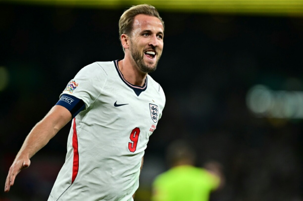England captain Harry Kane celebrates scoring against Spain in the Nations League at Wembley