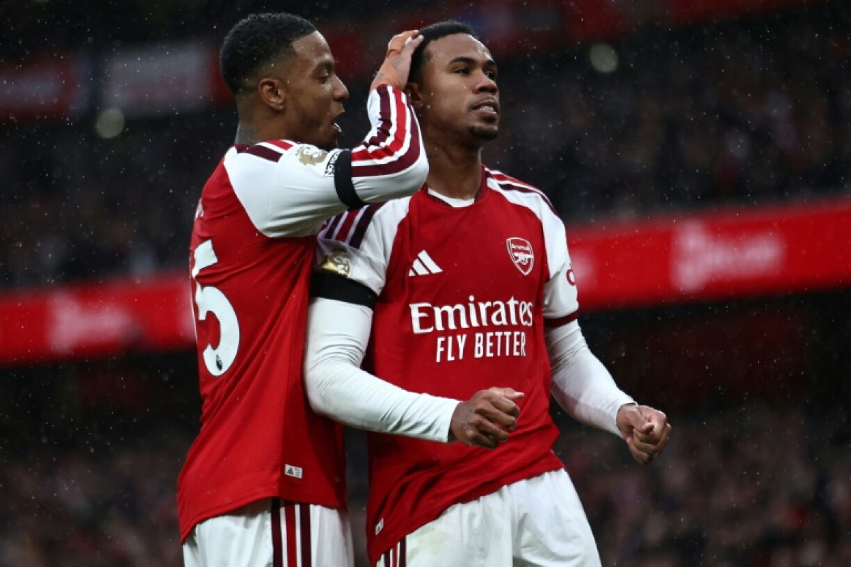 Gabriel Magalhaes (right) and Ezri Konsa were Arsenal's goalscorers against Everton