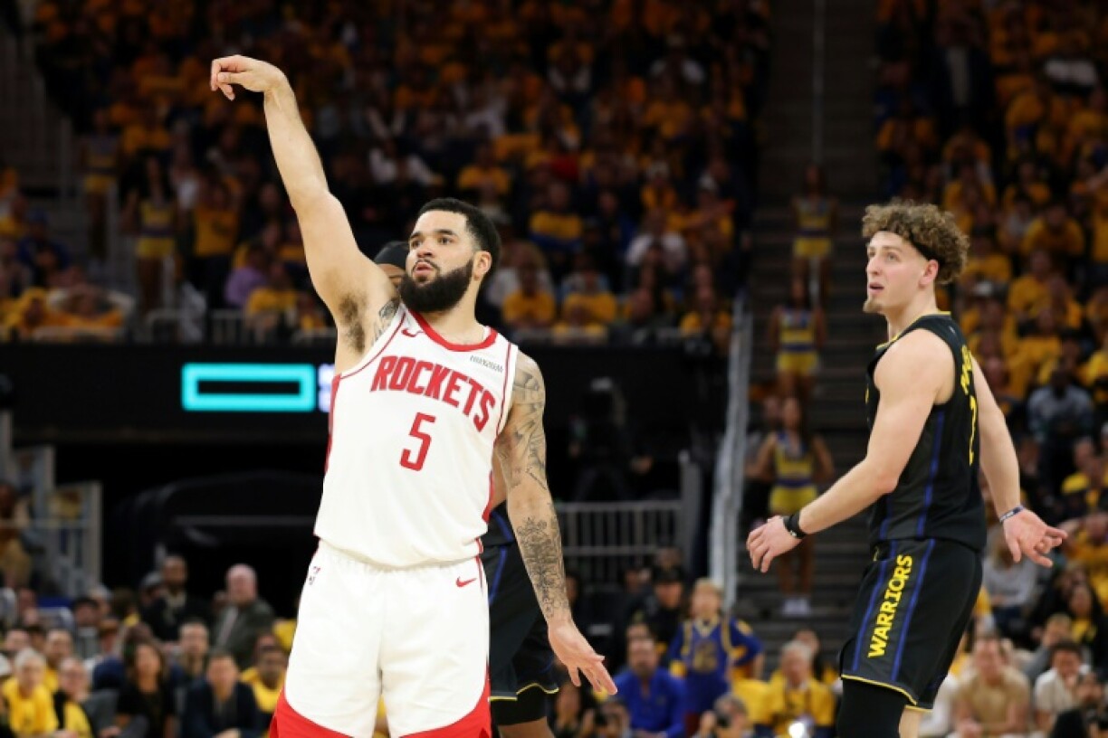 Fred VanVleet of the Houston Rockets reacts to a three point basket in the Rockets' victory over the Golden State Warriors in game six of their NBA playoff series