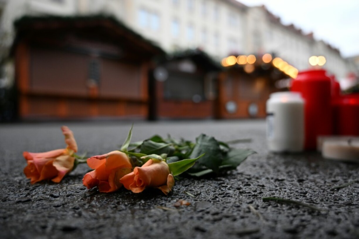 Flowers and candles at the site of the Christmas market attack in December in Magdeburg, eastern Germany