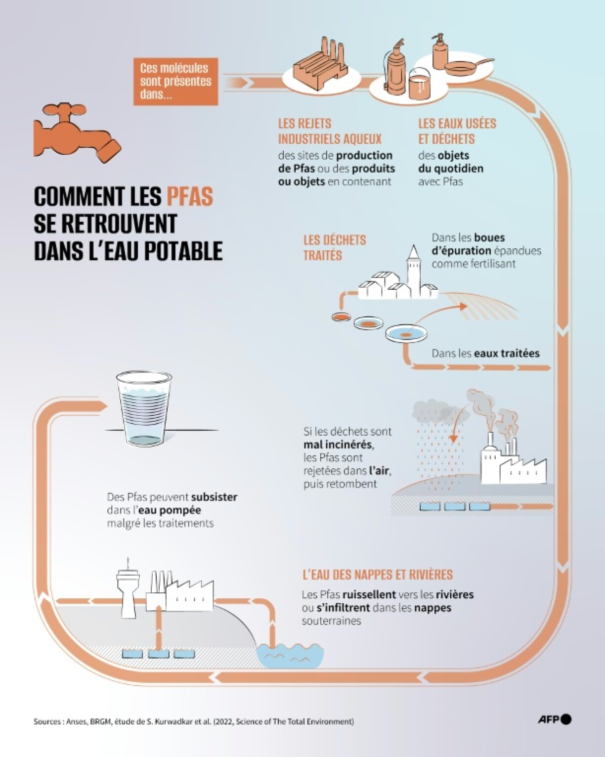 Infographie expliquant la chaîne de contamination expliquant comment certaines PFAS (substances per- et polyfluoroalkylées), polluants éternels, se retrouvent dans l'eau potable