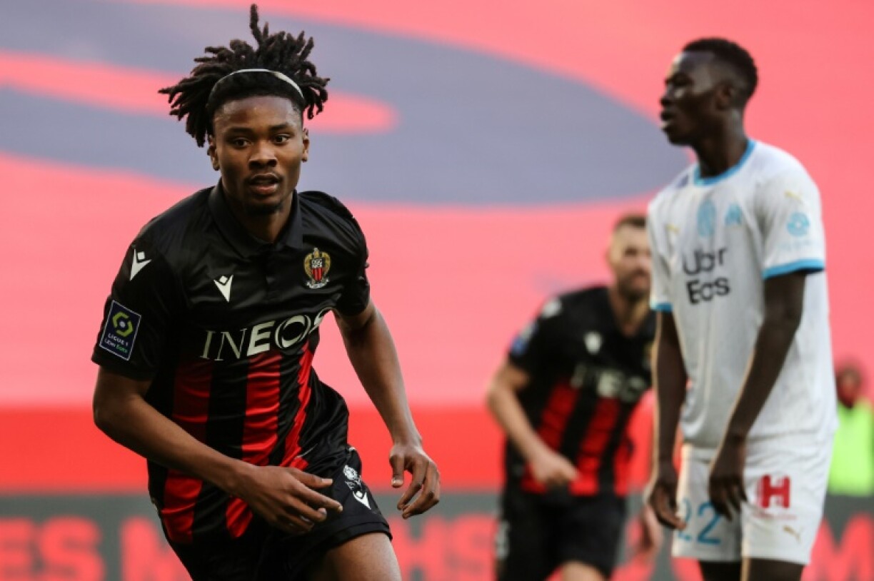 Le milieu de terrain niçois Khephren Thuram ouvre le score face à Marseille, lors de leur match de L1, le 20 mars 2021 à l'Allianz Riviera