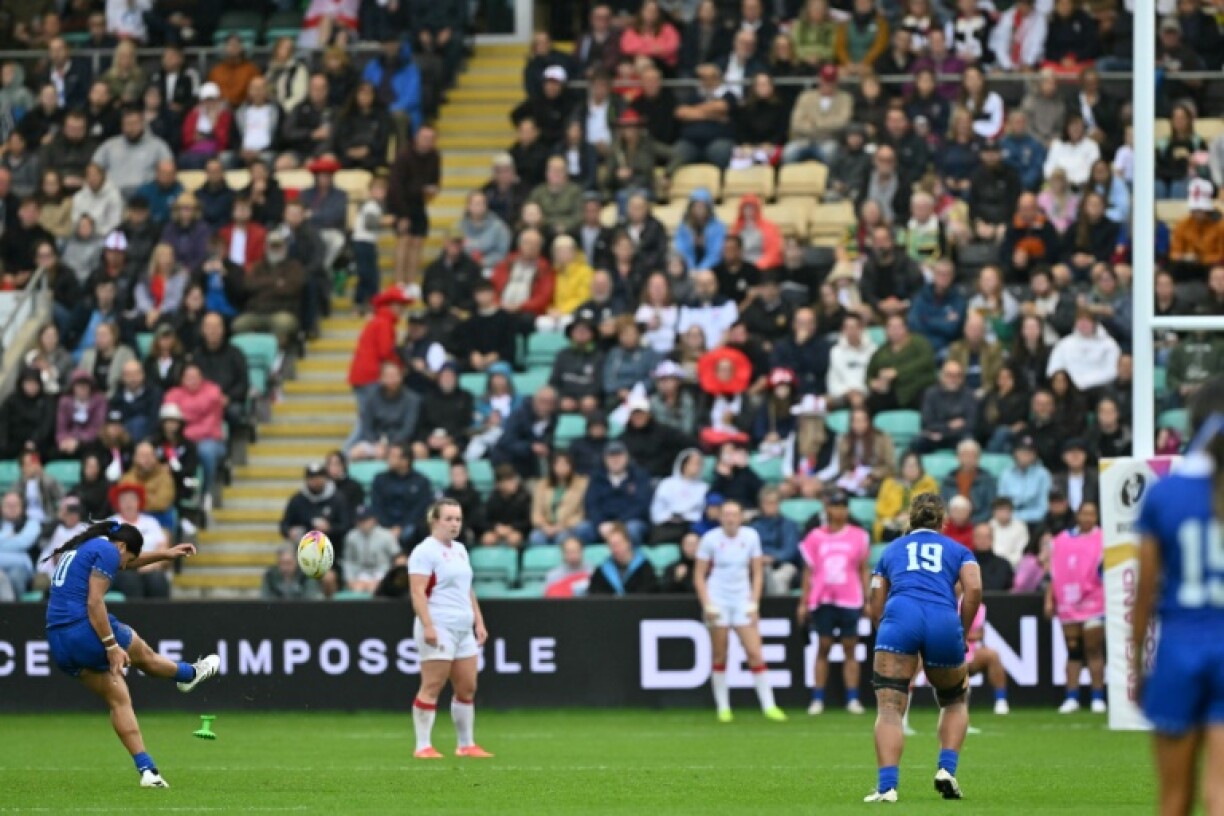 Samoa fly half Harmony Vatau kicks a penalty during their 92-3 Women's Rugby World Cup Pool A match defeat by England in Northampton