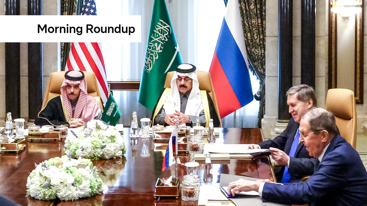 (L to R) Saudi Arabia's Foreign Minister Prince Faisal bin Farhan al-Saud, National Security Advisor Mosaad bin Mohammad al-Aiban, the Russian president's foreign policy advisor Yuri Ushakov, and Russia's Foreign Minister Sergei Lavrov attend a meeting with the US Middle East envoy, Secretary of State, and National Security Advisor together at Riyadh's Diriyah Palace on 18 February 2025.