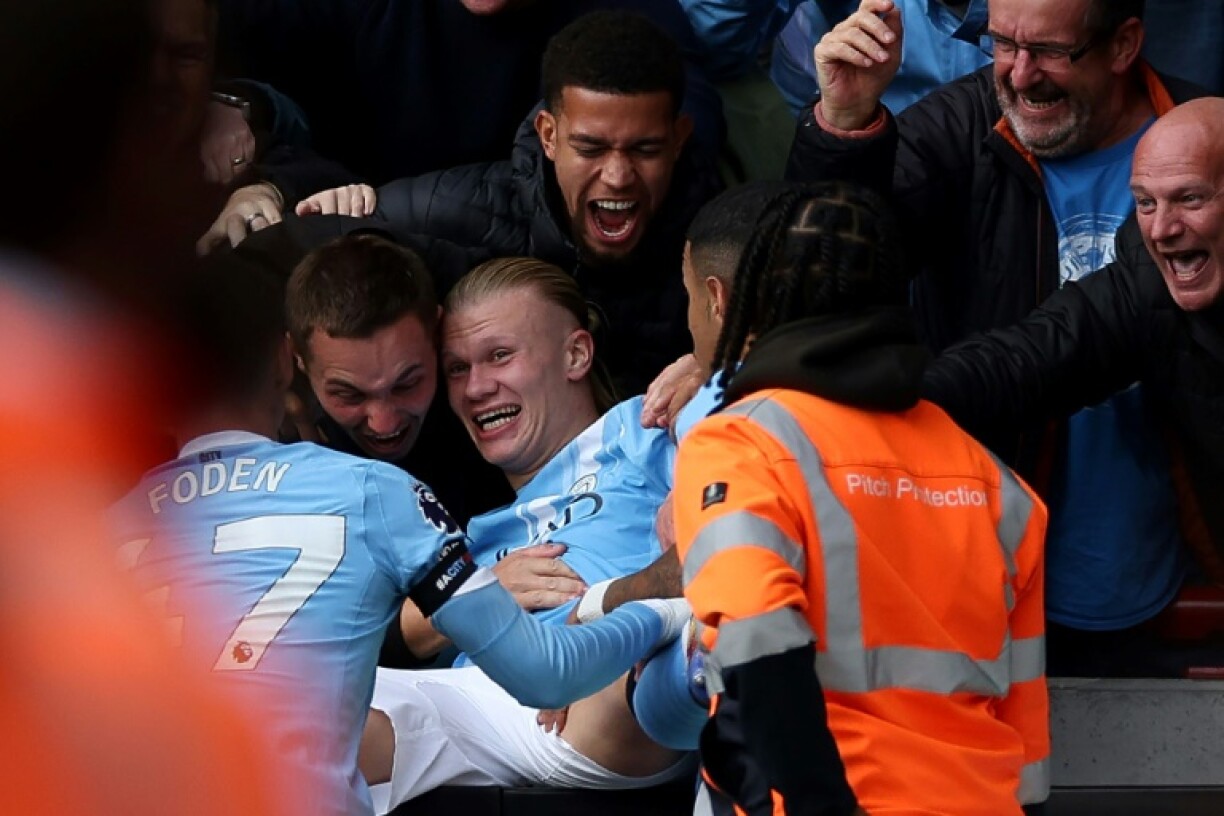 Manchester City striker Erling Haaland celebrates scoring against Brentford