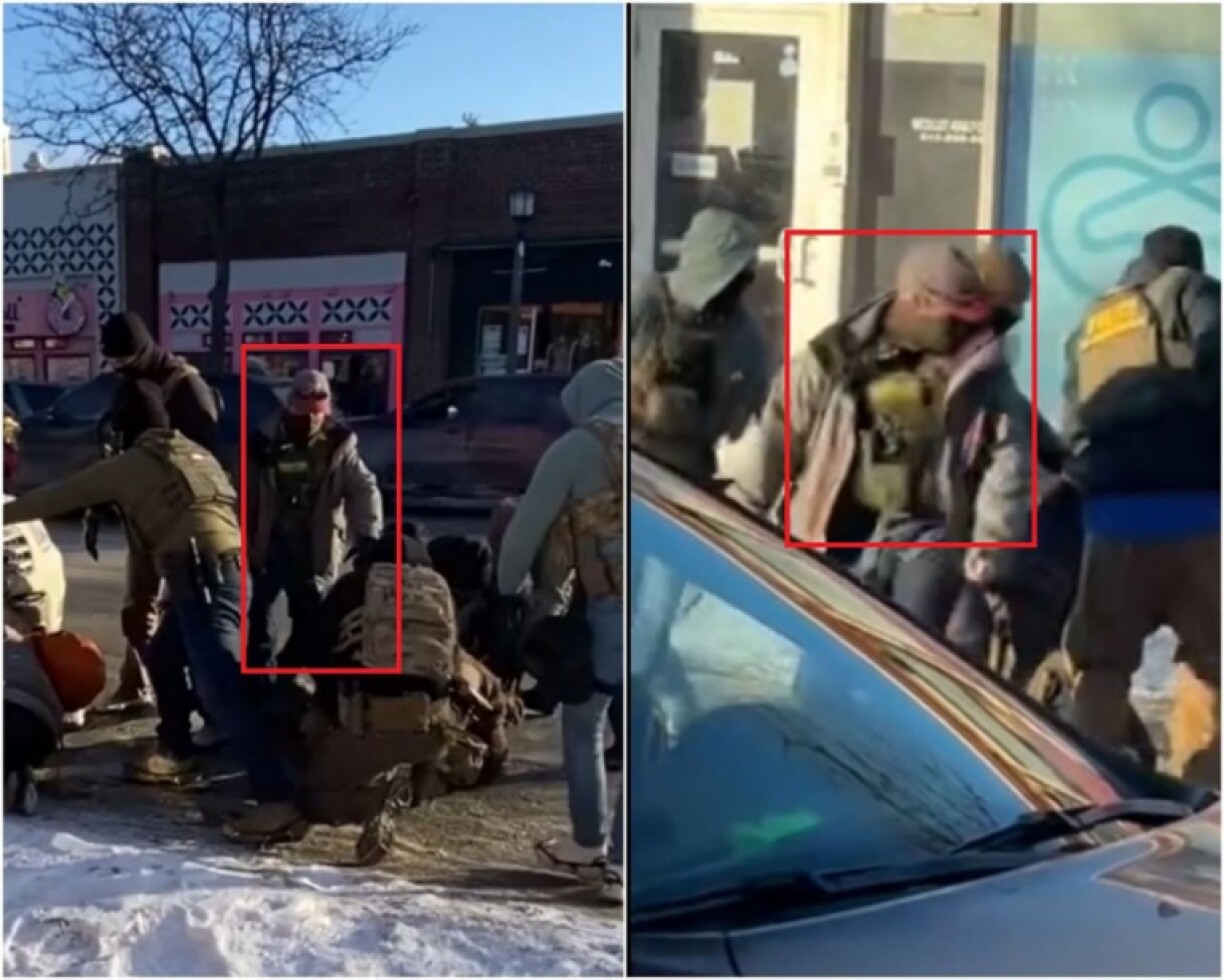 Captures d'écran réalisées sur une vidéo de l'incident, le 27/01/2026. Encadrés rouges ajoutés par l'AFP.