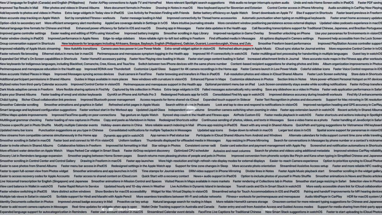 A screenshot from Apple’s WWDC keynote presentation showing a slide that lists hundreds of new features and improvements coming in the next software update. Among the many announcements, the addition of Luxembourgish appears as just one small item buried within a long list of updates.
