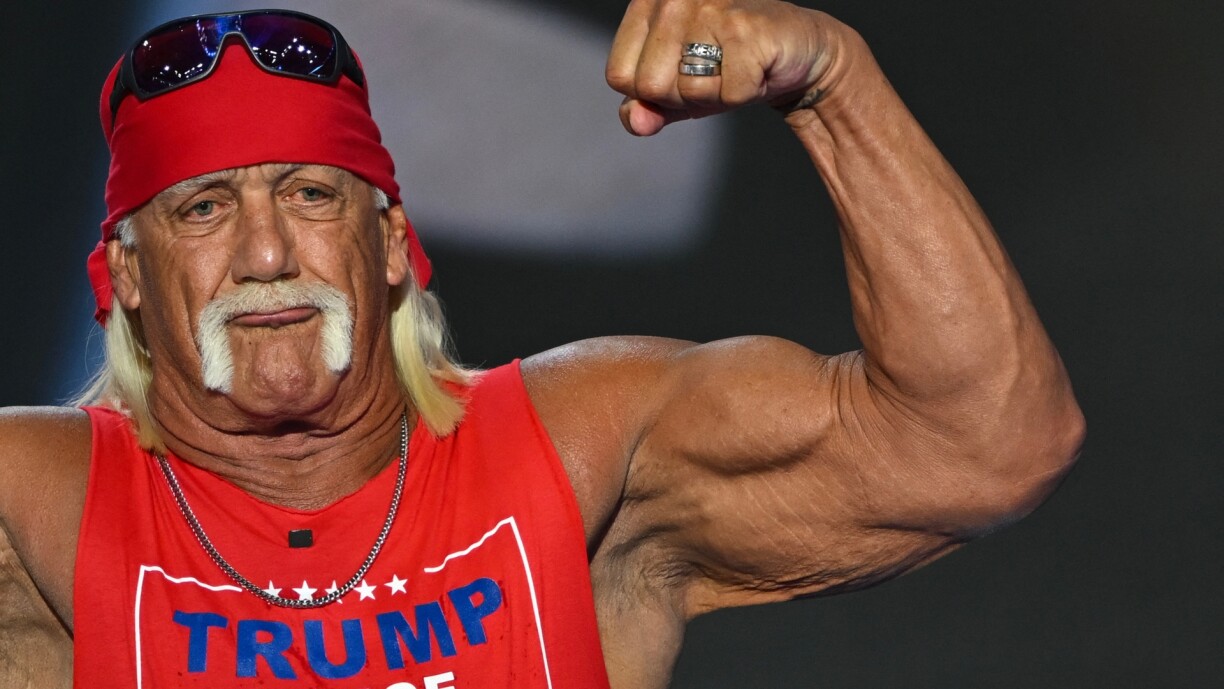 US pro-wrestler Hulk Hogan flexes his muscles after speaking during the last day of the 2024 Republican National Convention at the Fiserv Forum in Milwaukee, Wisconsin, on 18 July 2024.
