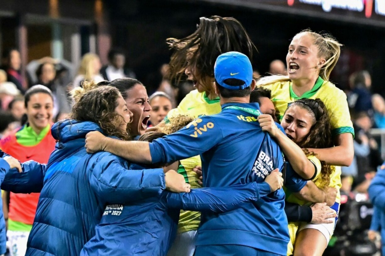 Brazil's players celebrate scoring in their 2-1 win over the United States in a friendly in San Jose