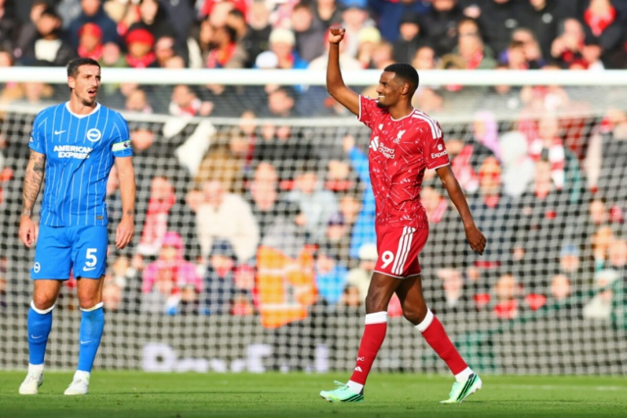 Liverpool striker Alexander Isak celebrates after scoring against Brighton