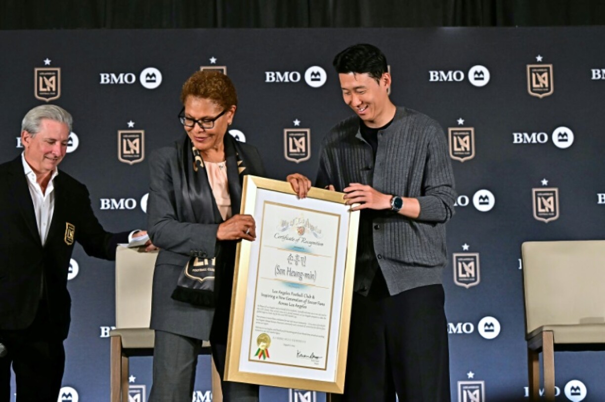 Los Angeles Mayor Karen Bass welcomes Los Angeles FC's new signing Son Heung-min of South Korea to the city at his introductory press conference
