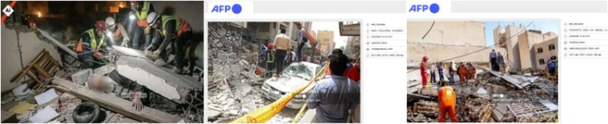 Screenshot comparison of rescue workers pictured in the AI-generated image (L) and photos of rescue efforts in Iran
