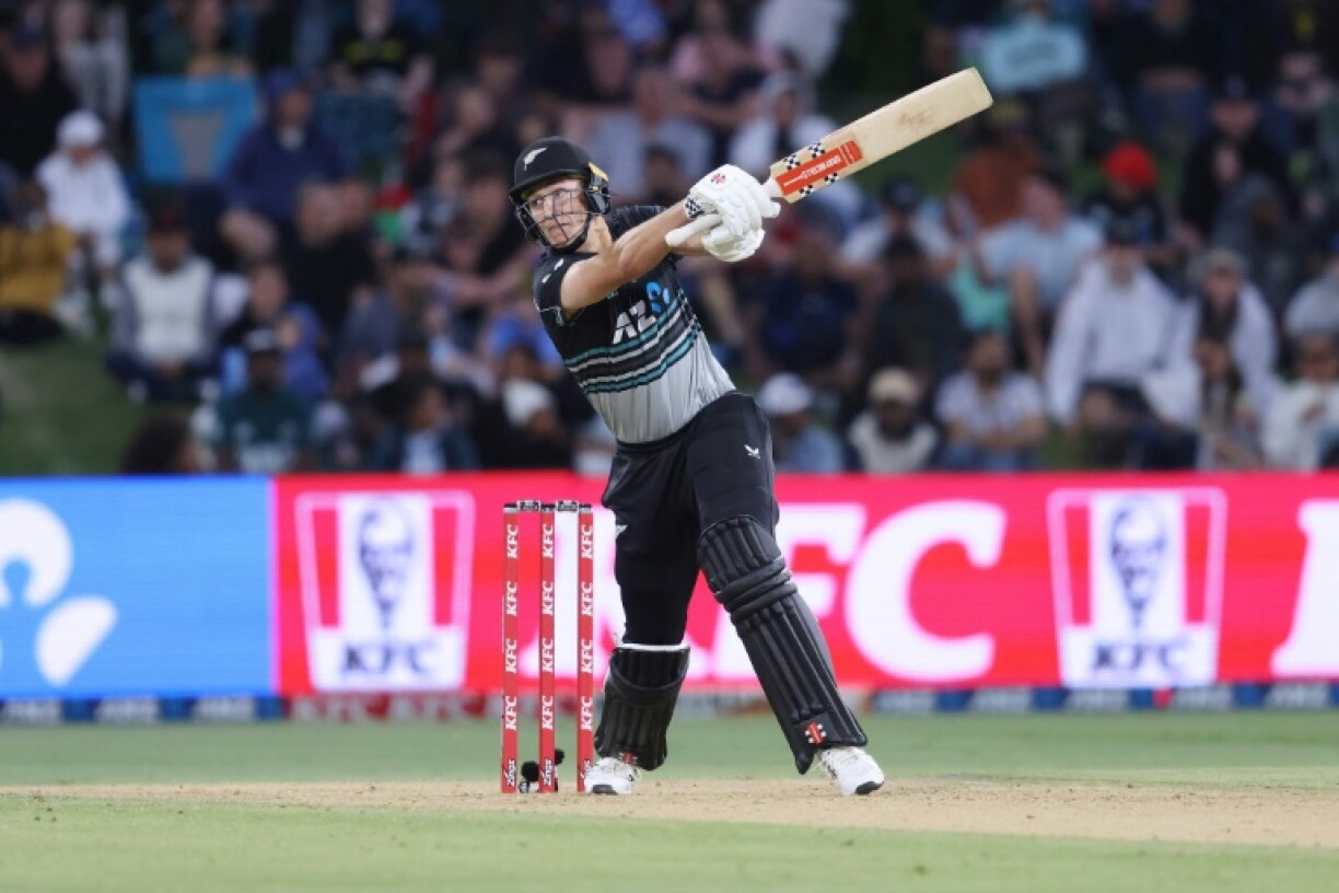 New Zealand's Mitchell Hay on his way to an unbeaten 41 against Sri Lanka at Bay Oval in Mount Maunganui