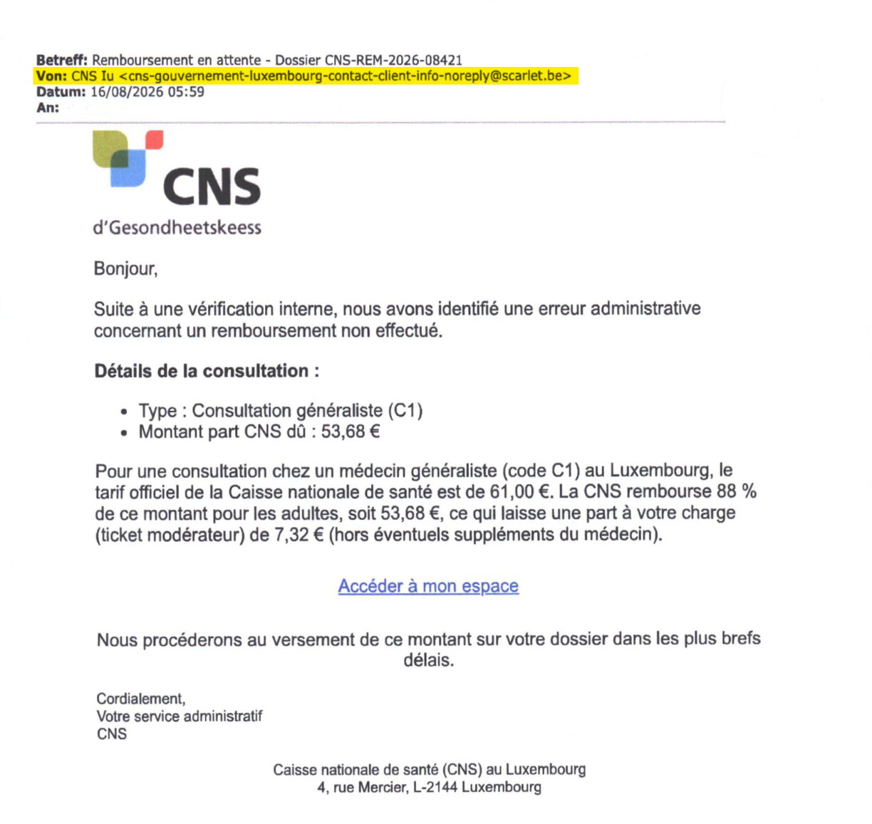 E Beispill vun engem Phishing-Mail, dee virtäuscht vun der CNS ze kommen.