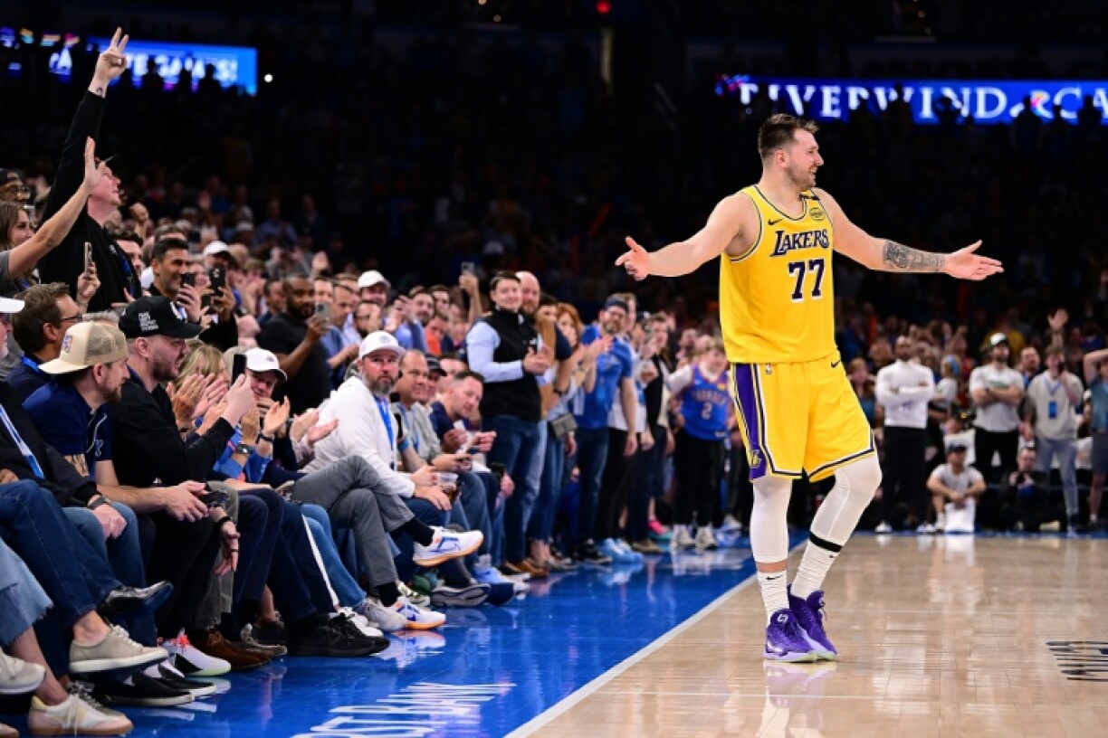 Luka Doncic pleads with officials after being ejected during the Los Angeles Lakers' loss to the Oklahoma City Thunder