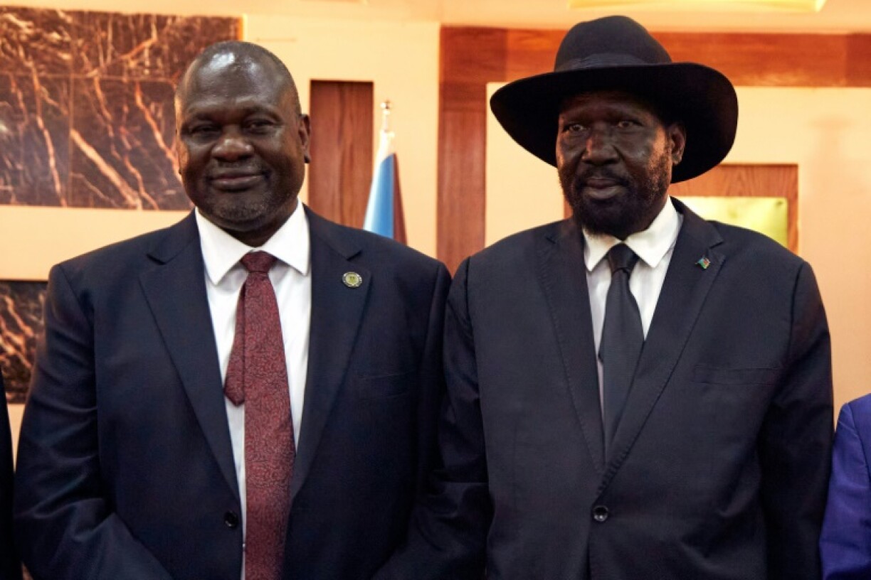 South Sudanese President Salva Kiir (right) with First Vice President Riek Machar at the State House in Juba in February 2020, South Sudan