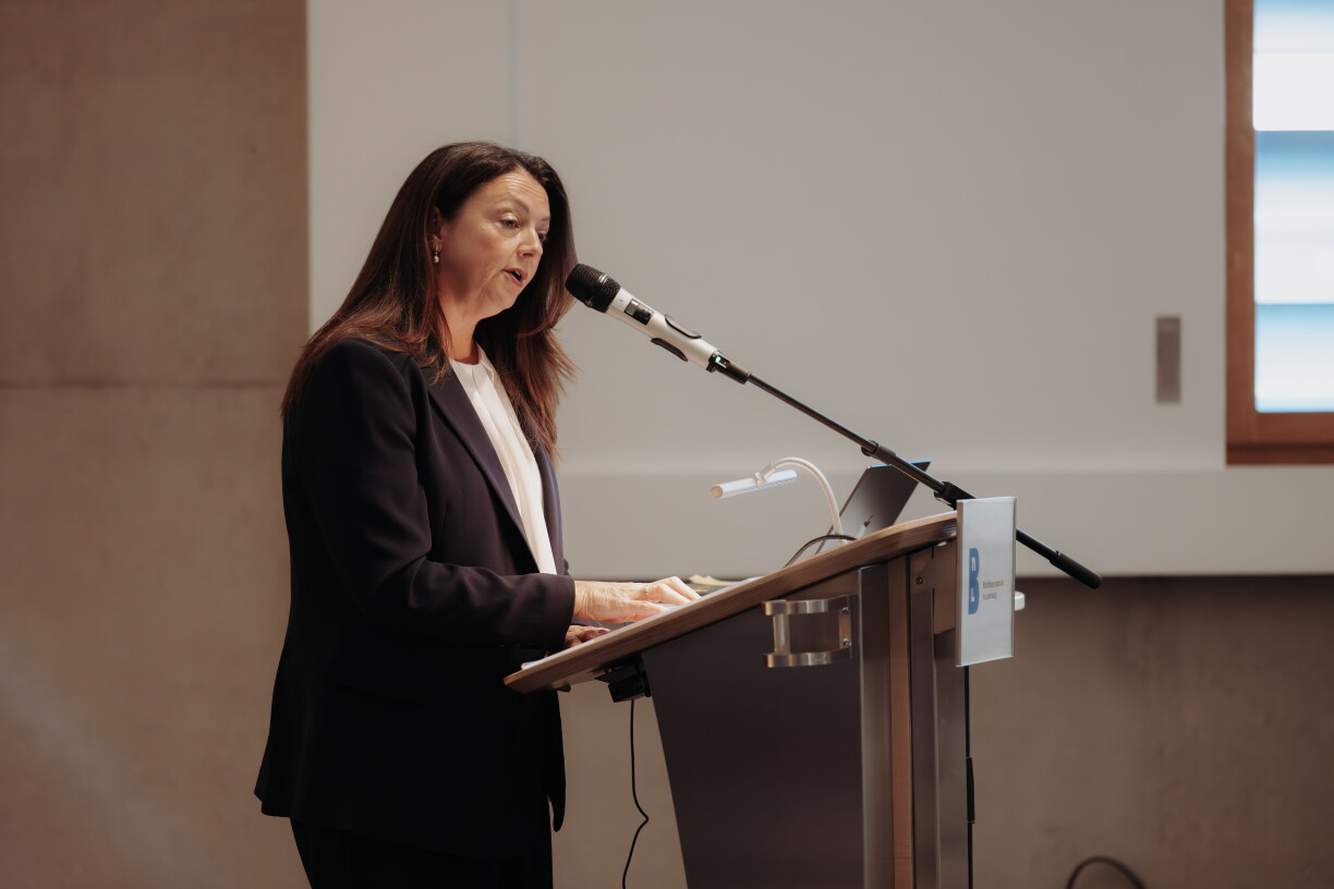 British ambassador Joanne Olivier speaking at a think tank event on Ukraine at the National Library of Luxembourg in Kirchberg, 12 October 2026.