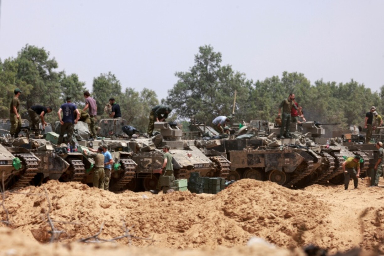 Israeli troops at a position near the Gaza border