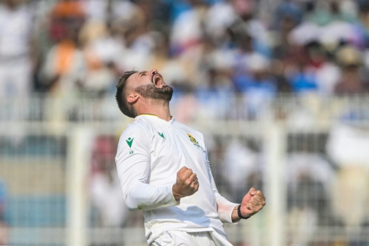South Africa's Aiden Markram celebrates the wicket of India's Washington Sundar in the first Test