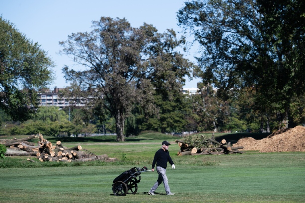A golfer walks on the course in front of cut down trees at East Potomac Golf Links in Washington DC
