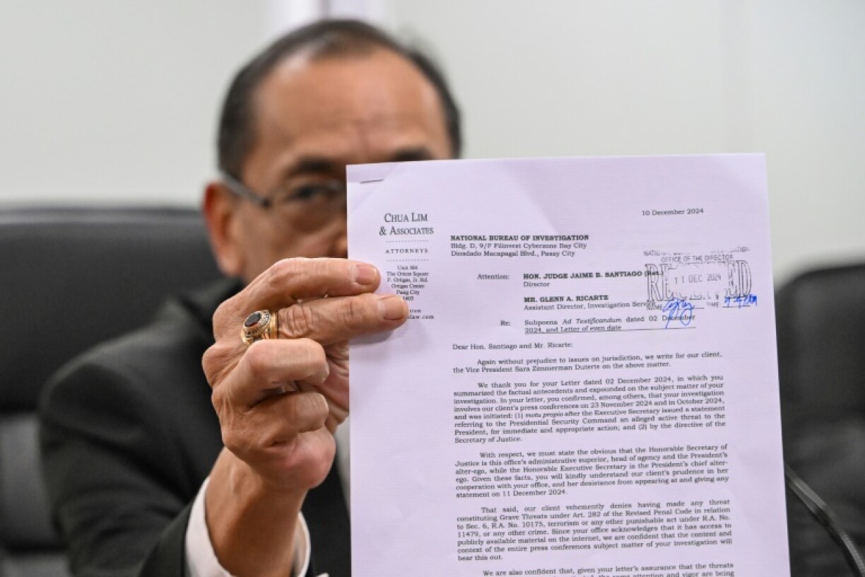 Philippine National Bureau of Investigation director Jaime Santiago shows a letter from Duterte's lawyers rejecting allegations she had made a threat against the president