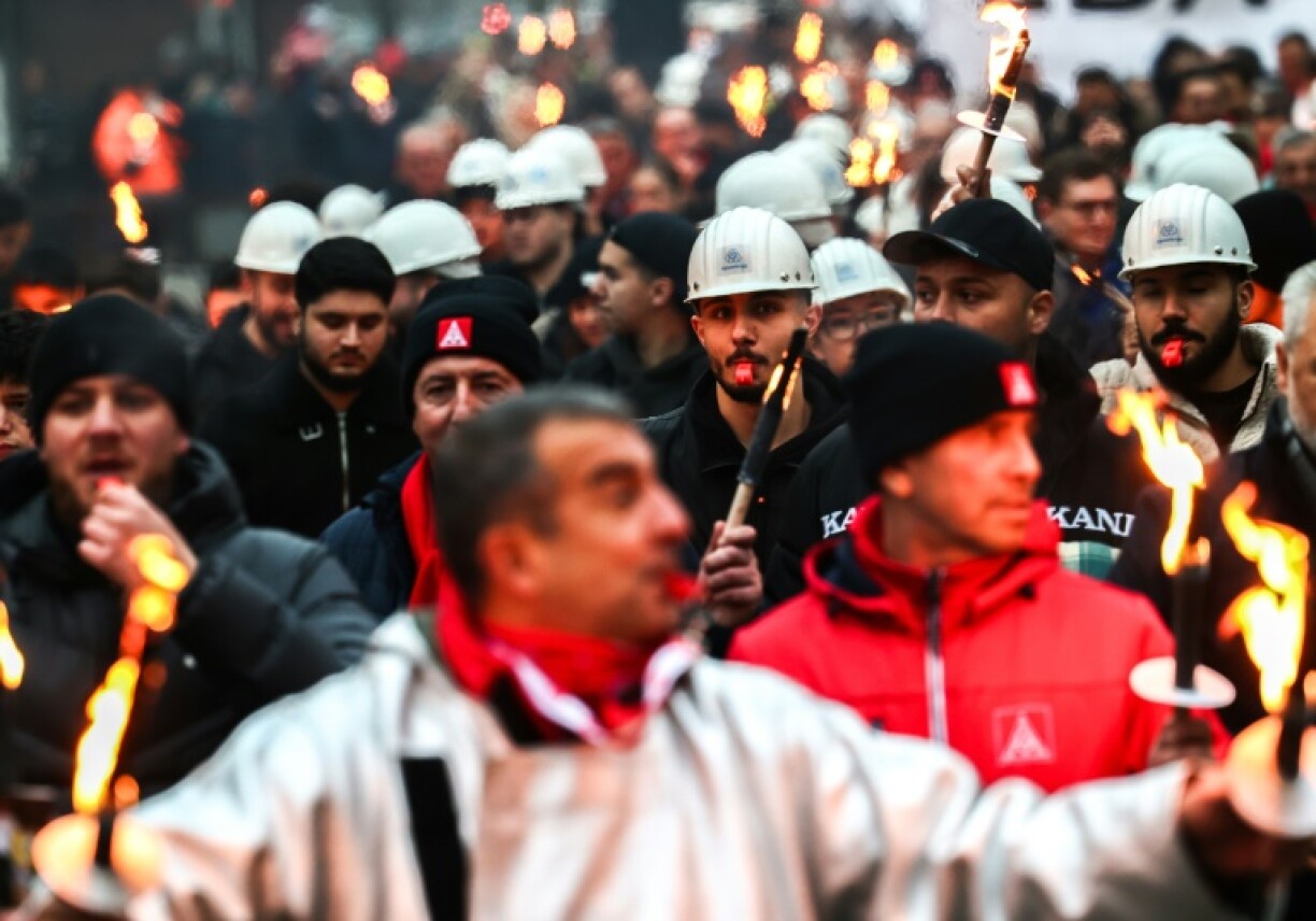 Steelworkers of ThyssenKrupp protest against job cuts with in Duisburg, western Germany on December 12, 2024