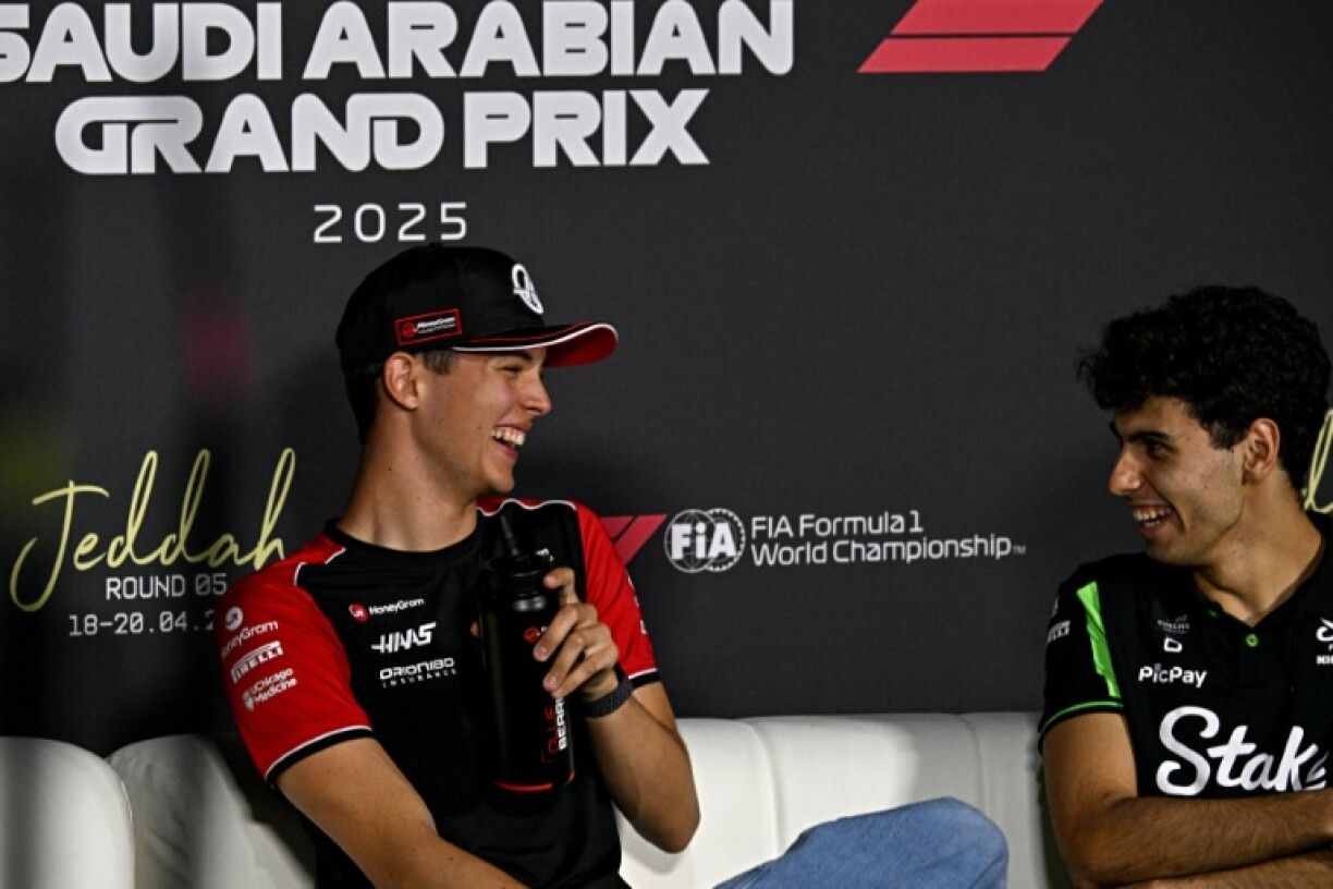 Oliver Bearman (left) all smiles back at the track where he made his debut
