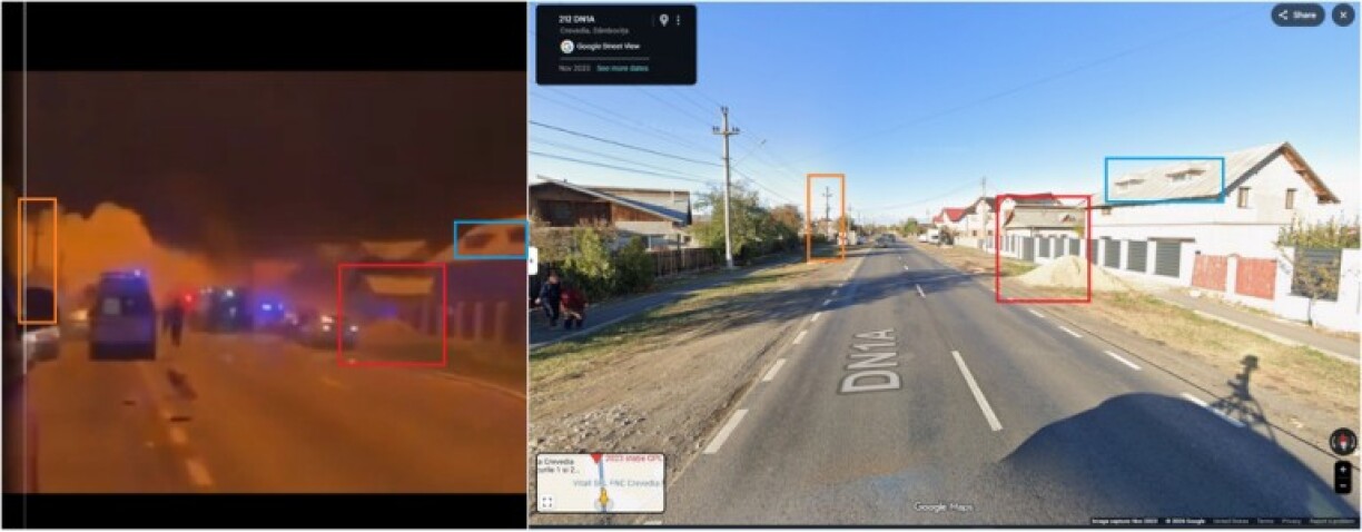 Screenshot comparison of the falsely shared video (L) and Google Street View imagery from Crevedia, with corresponding elements highlighted by AFP