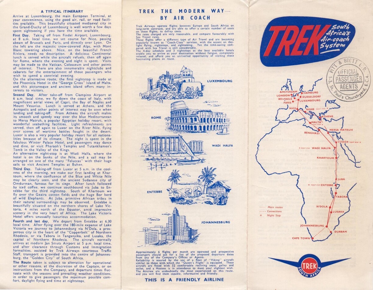 A brochure for Trek Airways' flights to Luxembourg from 1955-57.