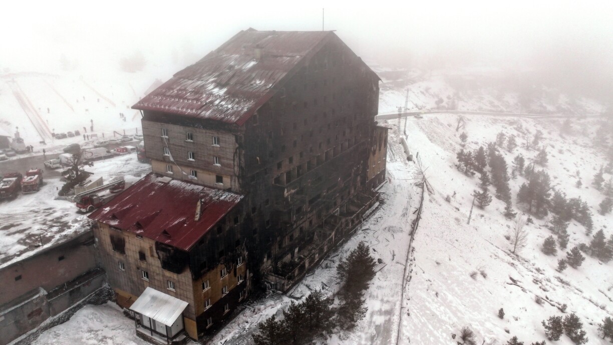 An aerial view of the damage caused by a fire that broke out in a hotel at the Bolu Kartalkaya Ski Resort in Bolu on 22 January 2025.