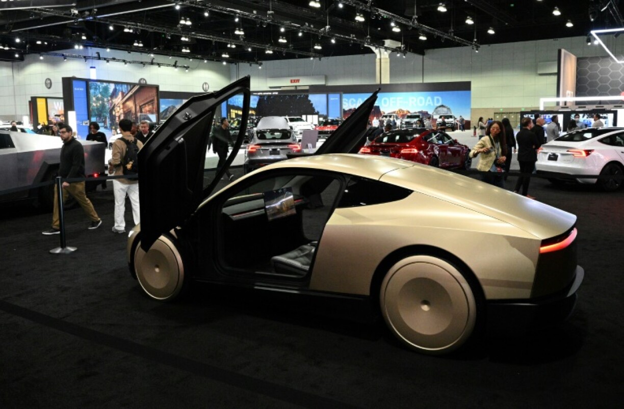 Tesla's Cybercab robotaxi -- displayed during the AutoMobility LA 2024 auto show in 2024 -- is not expected to go into production until 2026