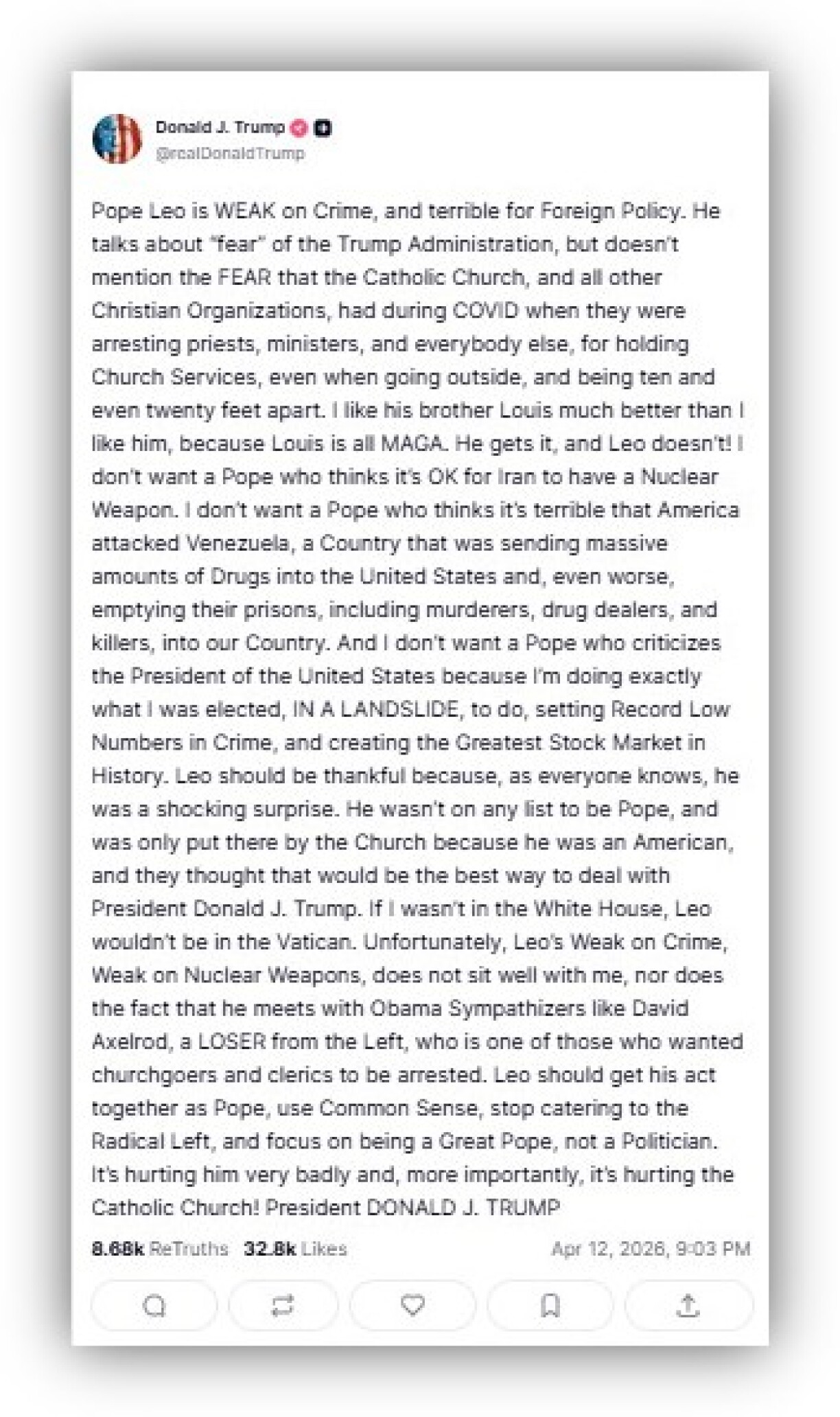 Screenshot from Truth Social taken April 17, 2026