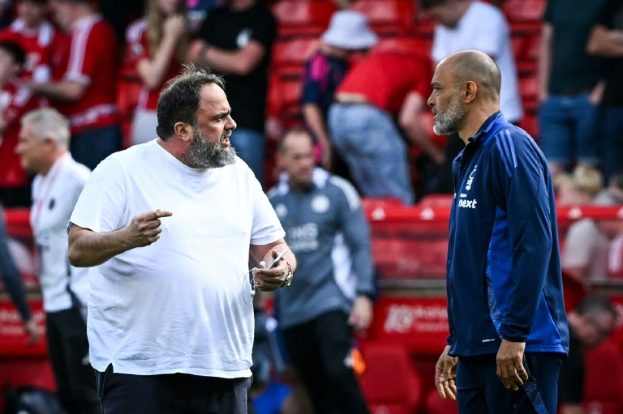Unhappy: Nottingham Forest owner Evangelos Marinakis (L) comes onto the pitch