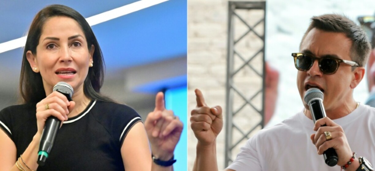 (COMBO) This combination of pictures created on April 07, 2025, shows Ecuador's leftist presidential candidate Luisa Gonzalez speaking during a campaign event with women in Guayaquil, Ecuador on April 7, 2025, and Ecuador's President and presidential candidate Daniel Noboa delivering a speech during a campaign rally ahead of the presidential runoff, in Riobamba, central Ecuador, on April 3, 2025.