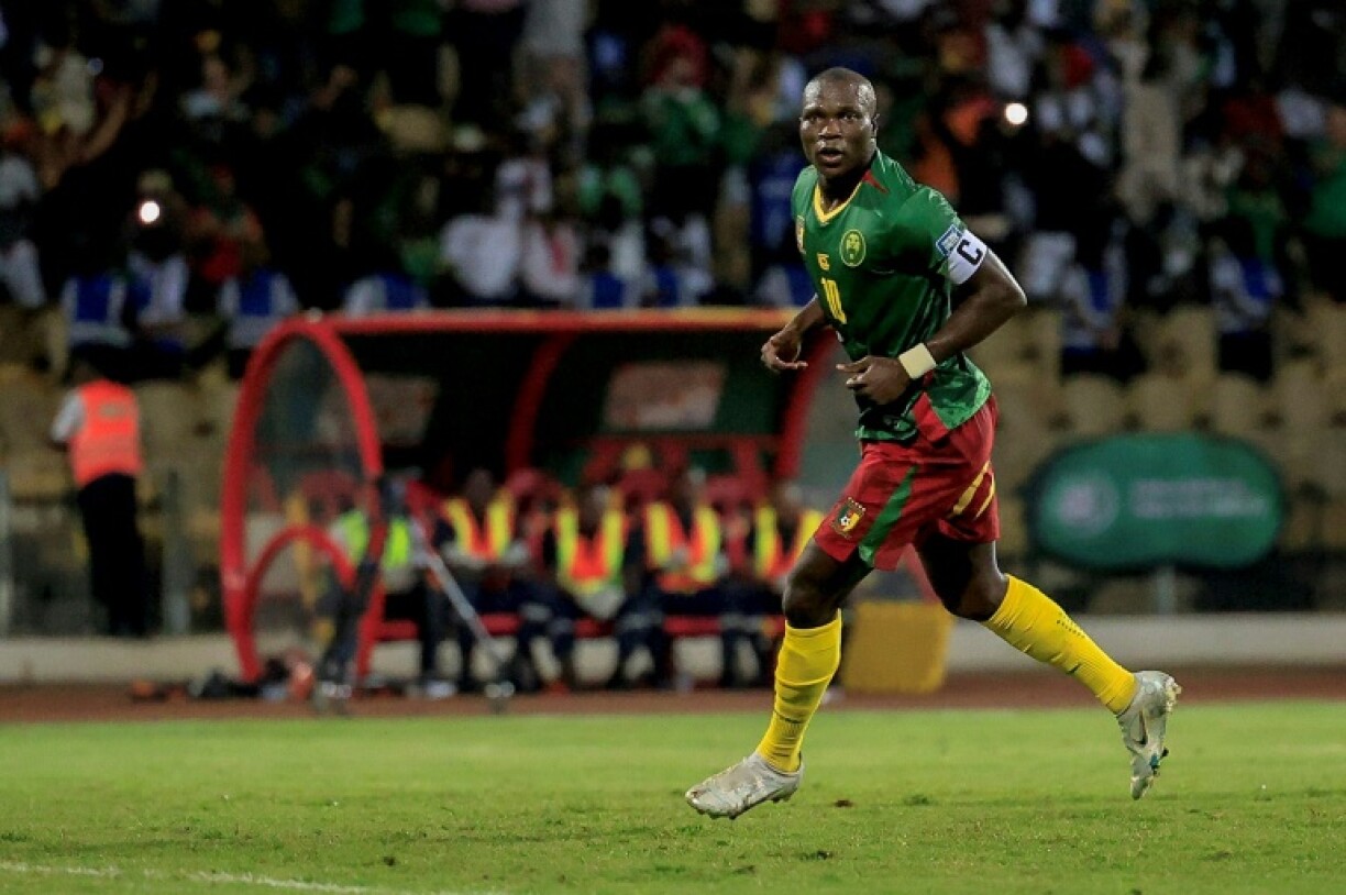 Captain Vincent Aboubakar celebrates scoring for Cameroon against Libya in a 2026 World Cup qualifier in Yaounde.