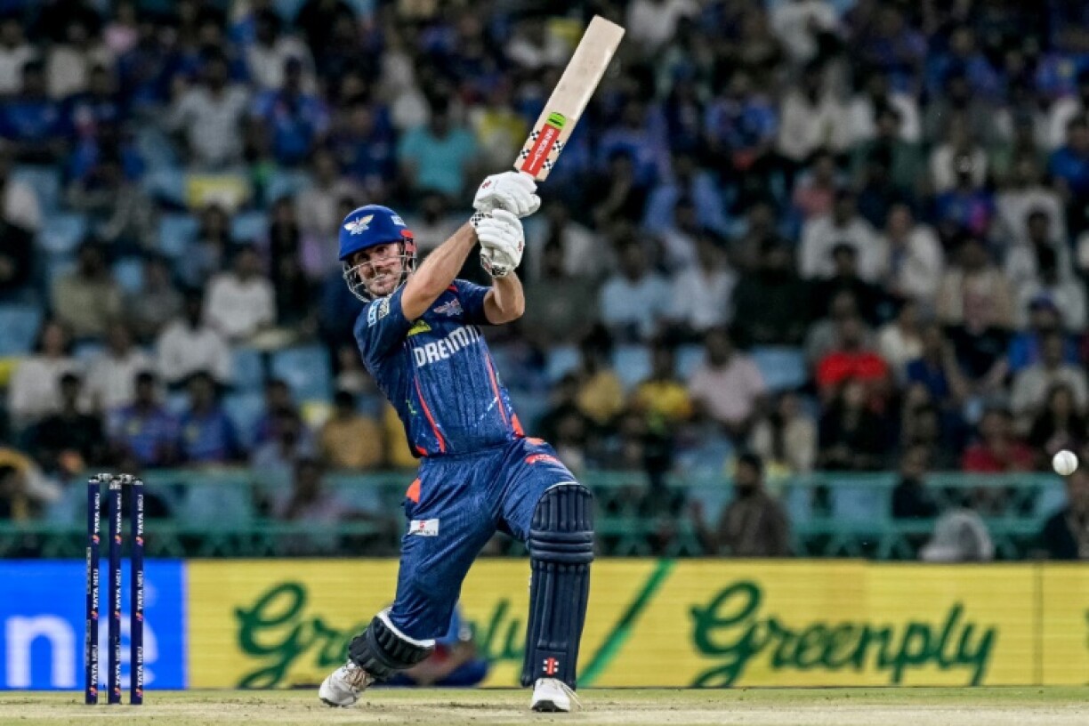 Lucknow Super Giants' Mitchell Marsh plays a shot during the Indian Premier League (IPL) Twenty20 cricket match against Mumbai Indians in Lucknow