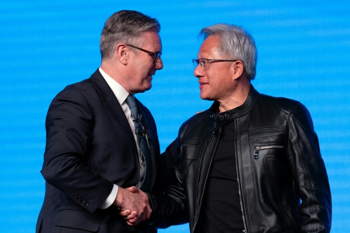 Britain's Prime Minister Keir Starmer greeted Nvidia CEO Jensen Huang at London Tech Week