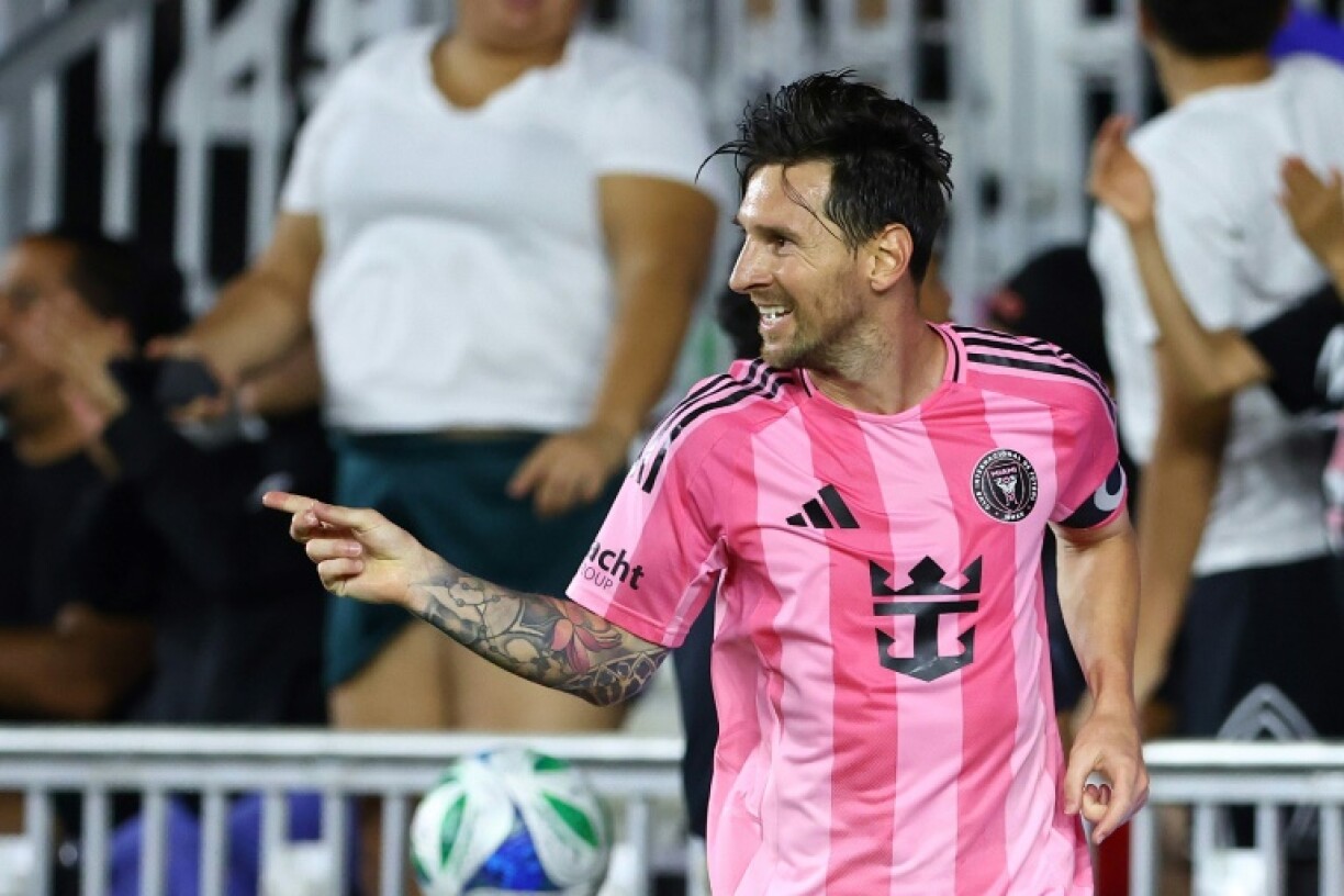 Lionel Messi celebrates scoring his second goal in Inter Miami's 4-2 MLS triumph over visiting Montreal