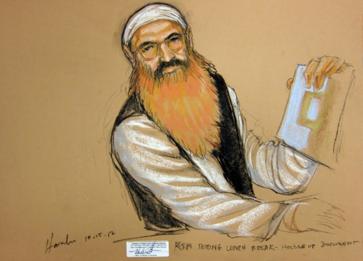 This courtroom sketch shows alleged 9/11 mastermind Khalid Sheikh Mohammed at his Military Commissions hearing on October 15, 2012 at the US Navy base Guantanamo Bay, Cuba