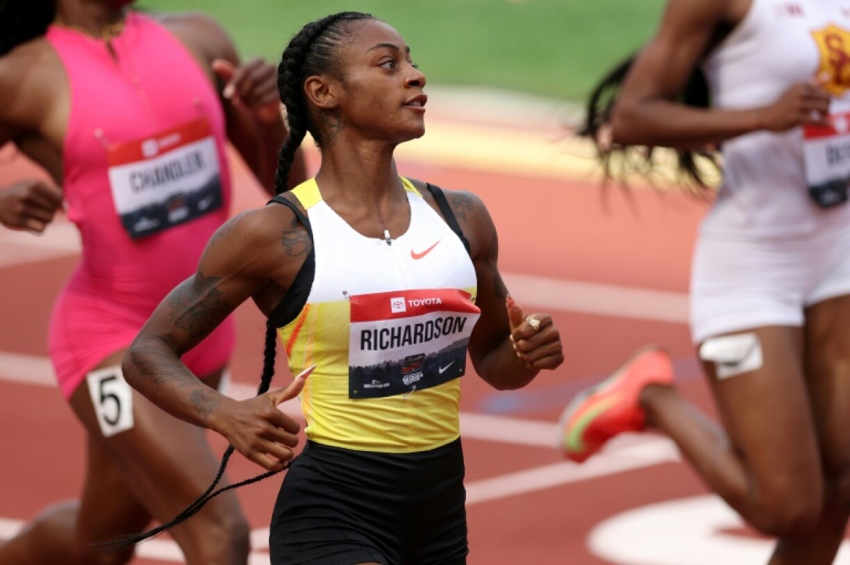 Sha'Carri Richardson reacts after advancing through her 100m heat at the US Track and Field Championships