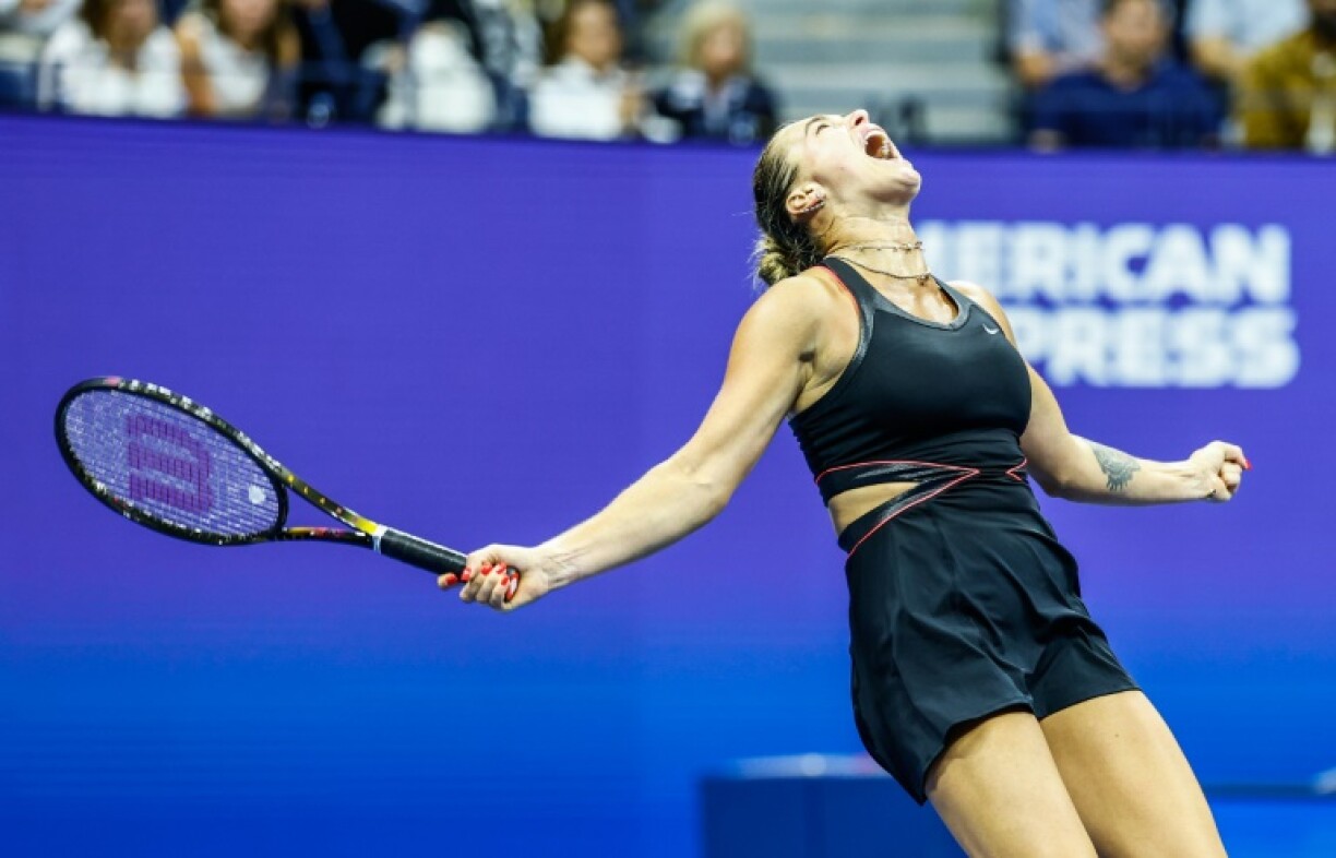 Aryna Sabalenka celebrates her semi-final win over Jessica Pegula that has left her poised to retain her US Open crown
