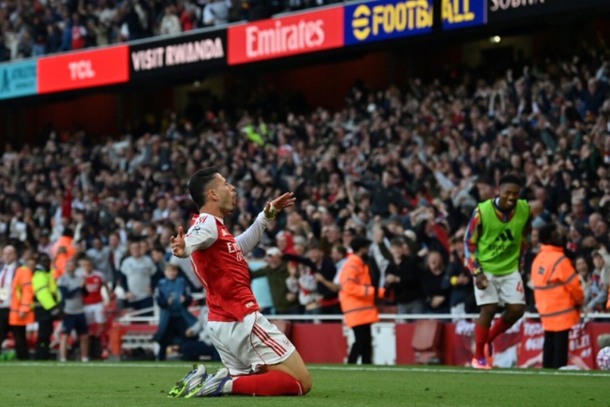 Arsenal's Gabriel Martinelli celebrates after scoring against Manchester City