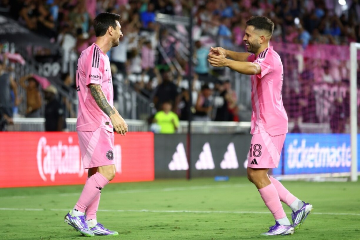 Inter Miami's Lionel Messi, left, celebrates scoring a goal with temmate Jordi Alba, right, in the club's 3-1 MLS home victory over the Los Angeles Galaxy