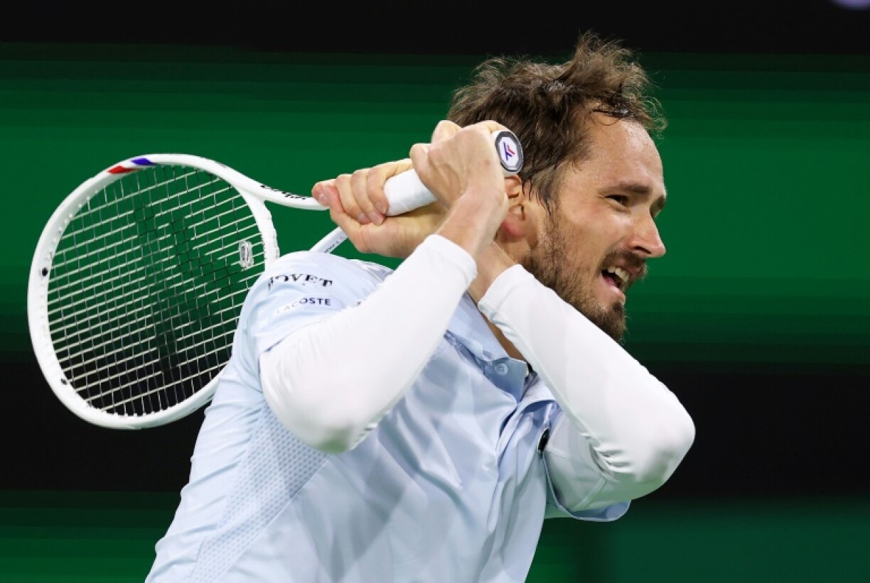 Russian Daniil Medvedev fires a backhand in his fourth-round victory over American Tommy Paul at Indian Wells