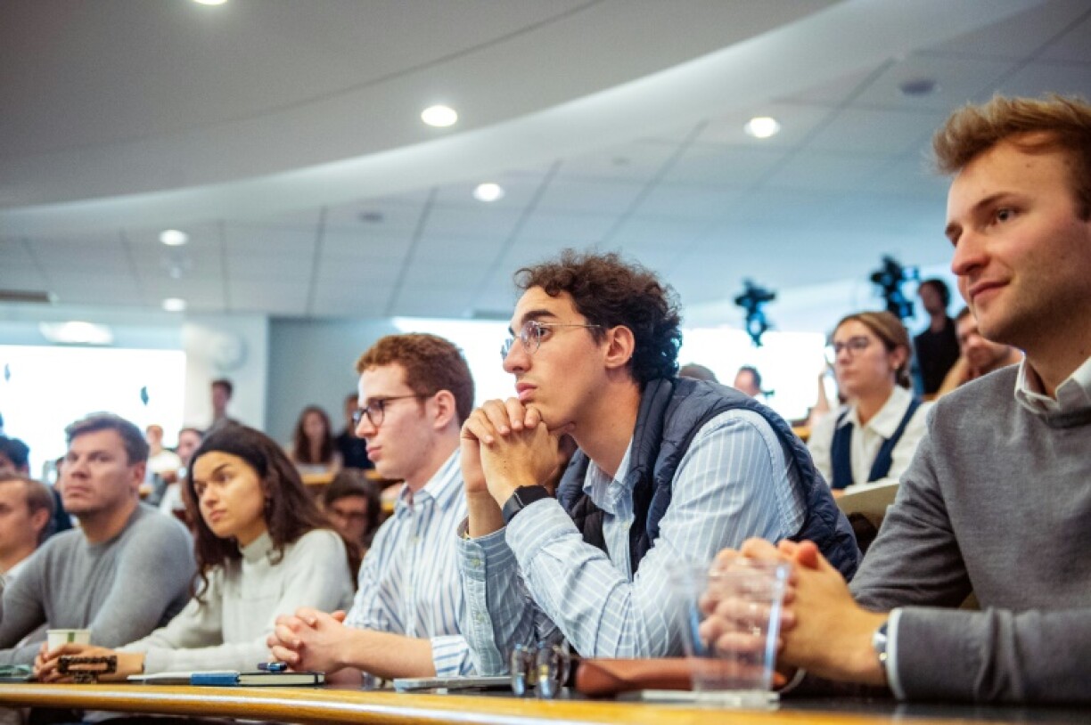 Harvard students listen to French Foreign Minister Jean-Noel Barrot speak at the university's Belfer Center for Science and International Affairs on September 25, 2025